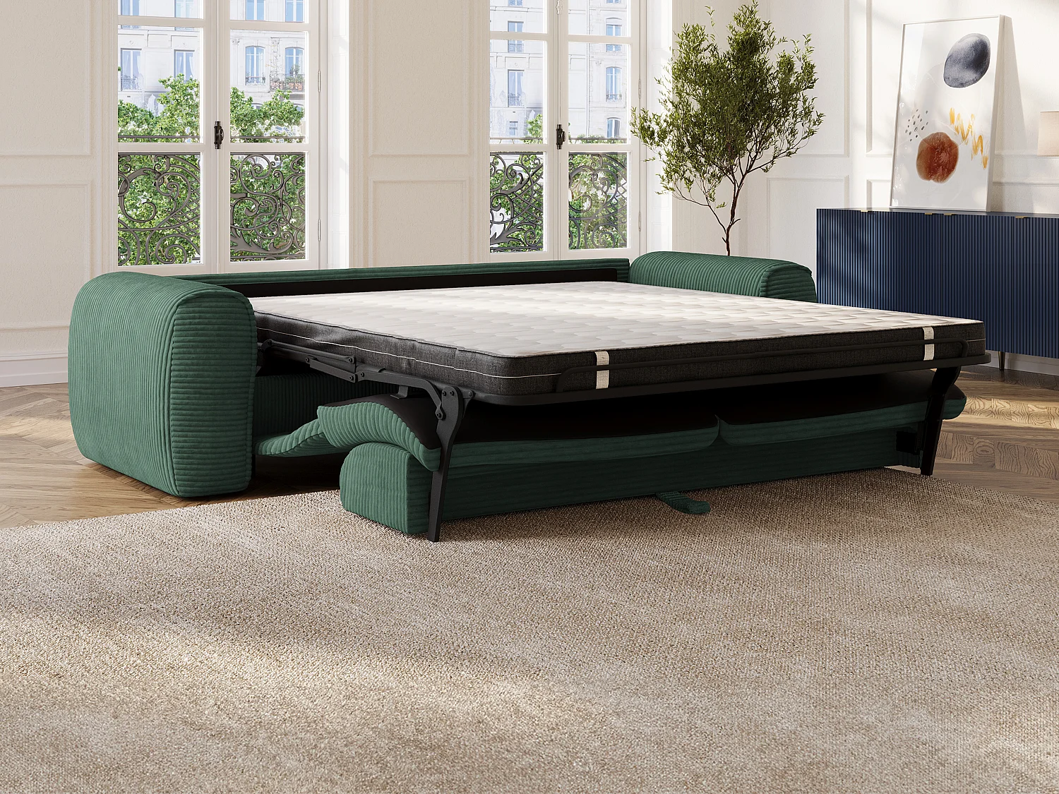 Canapé 4 places convertible express en velours côtelé vert sapin POGNIA