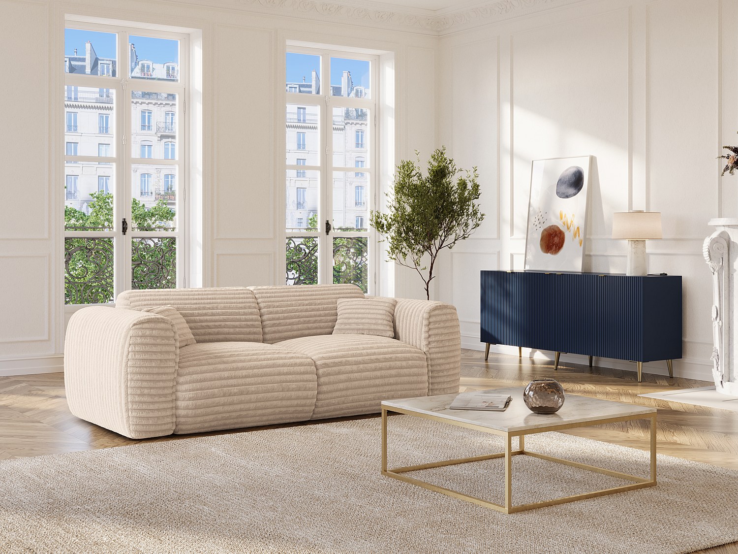 Vente-unique Sofa 3-Sitzer Mit Matratze - Grob Gerippter Cord - Beige - Pognia