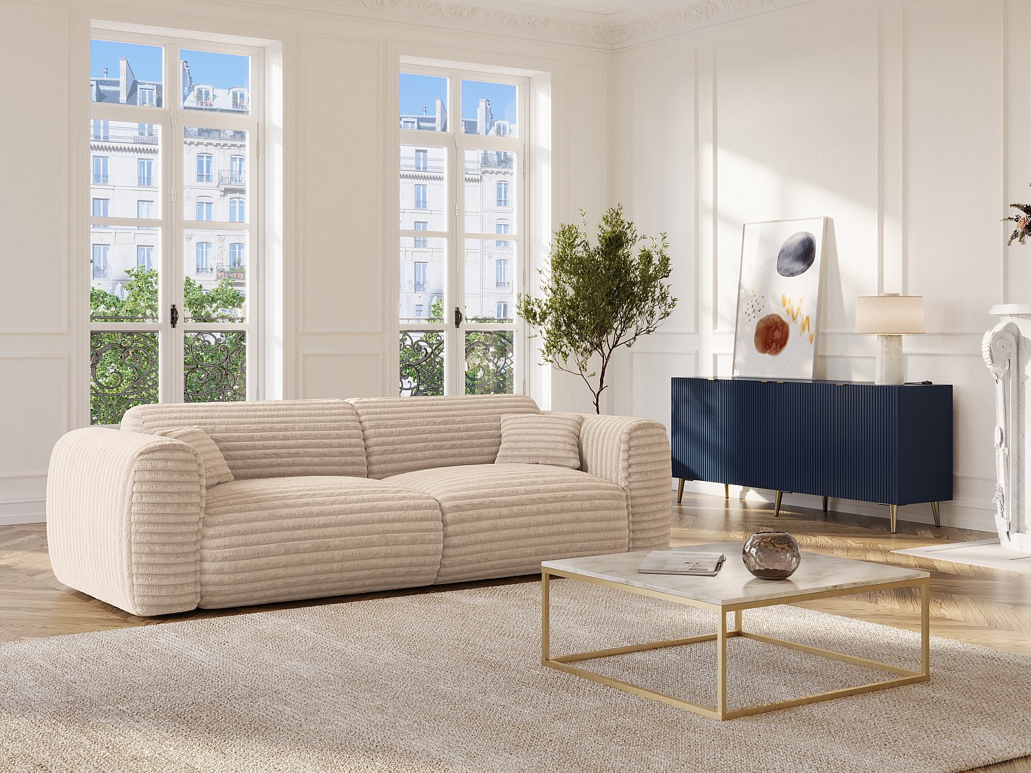 Sofa 4-Sitzer mit Matratze - grob gerippter Cord - Beige - POGNIA günstig online kaufen
