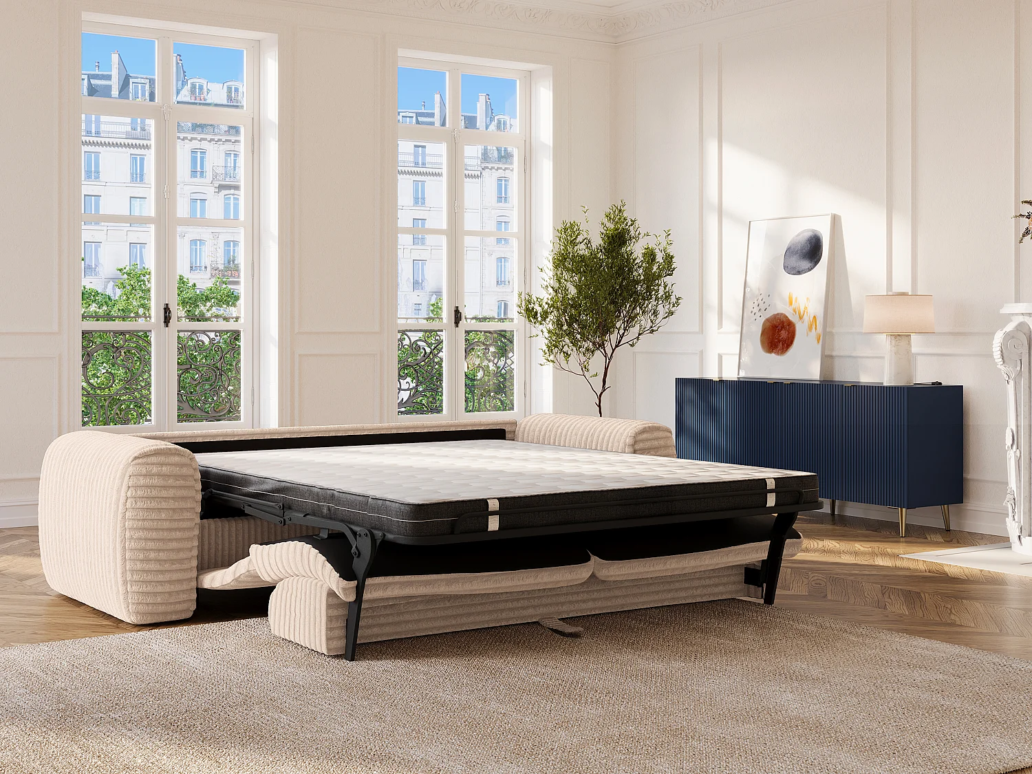 Canapé 4 places convertible express en velours côtelé grosses côtes beige - Matelas 13 cm mémoire de forme POGNIA