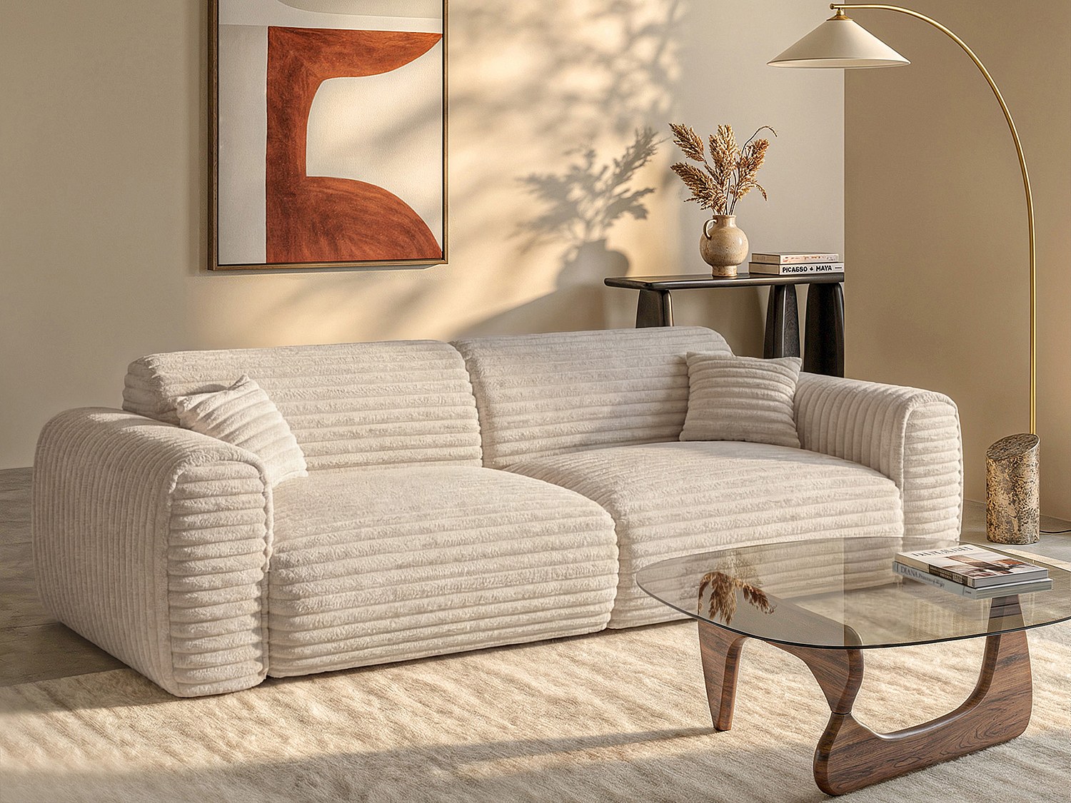 Sofa 4-Sitzer mit Matratze - grob gerippter Cord - Beige - POGNIA günstig online kaufen