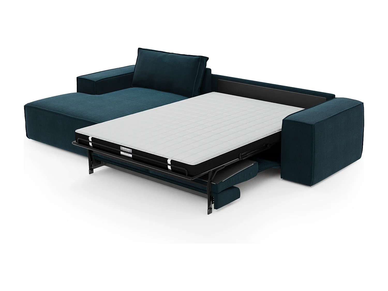 Canapé convertible angle gauche 5 places JOAN en velours bleu paon