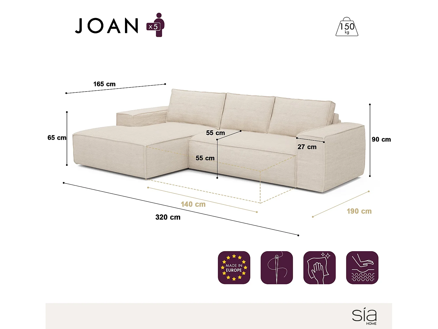 Canapé convertible angle gauche 5 places JOAN en velours gris