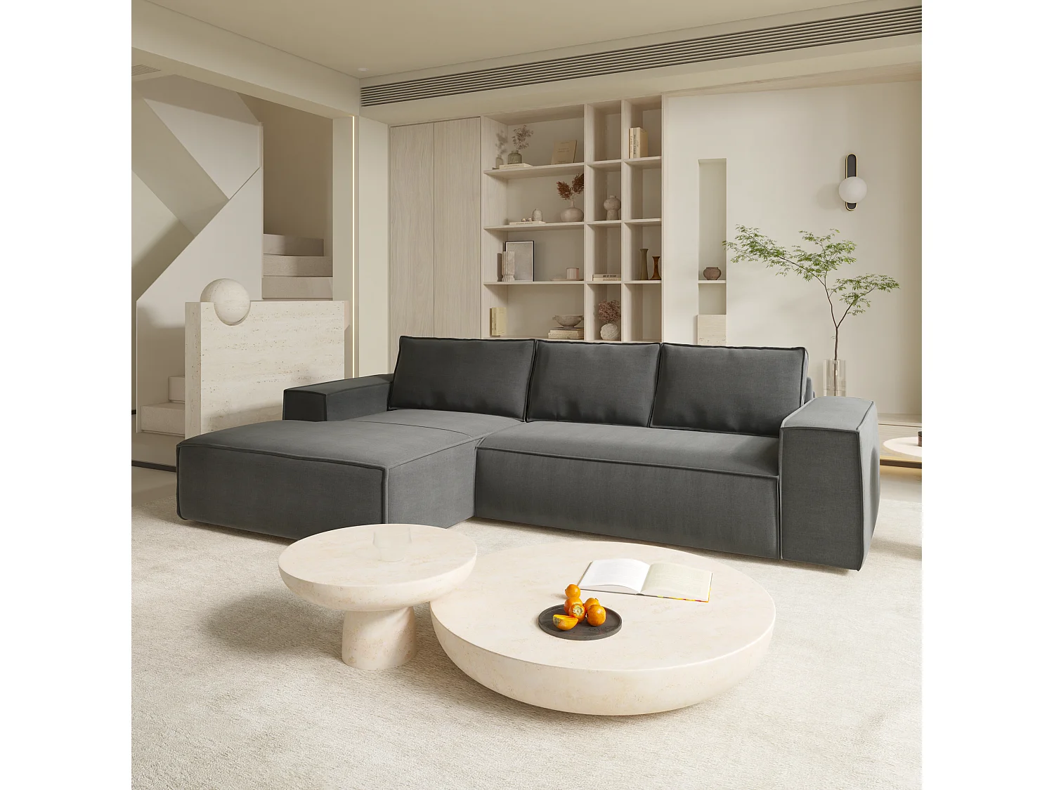 Canapé convertible angle gauche dunlopillo velours gris 140cm JOAN