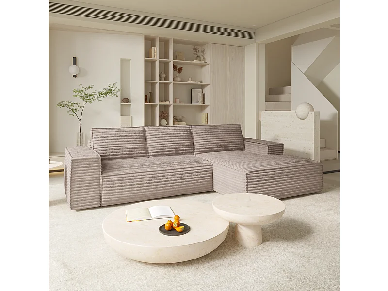 Canapé convertible angle droit velours côtelé XXL taupe 140cm JOAN
