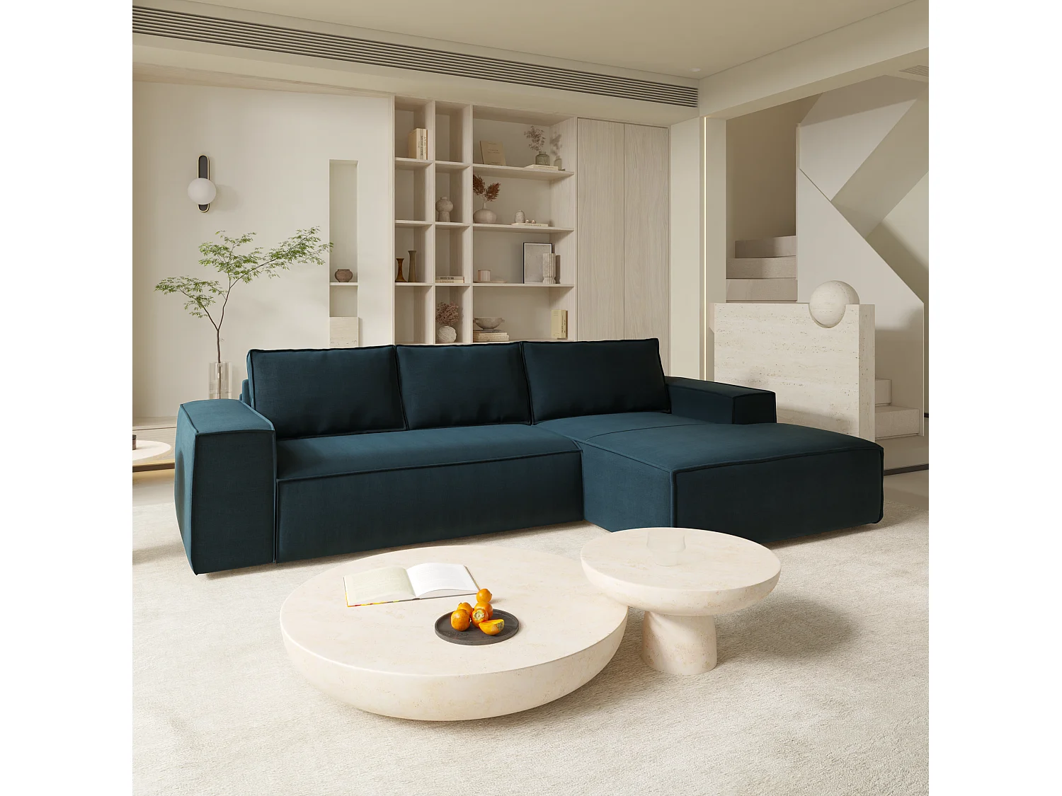 Canapé convertible angle droit dunlopillo velours bleu paon 140cm JOAN