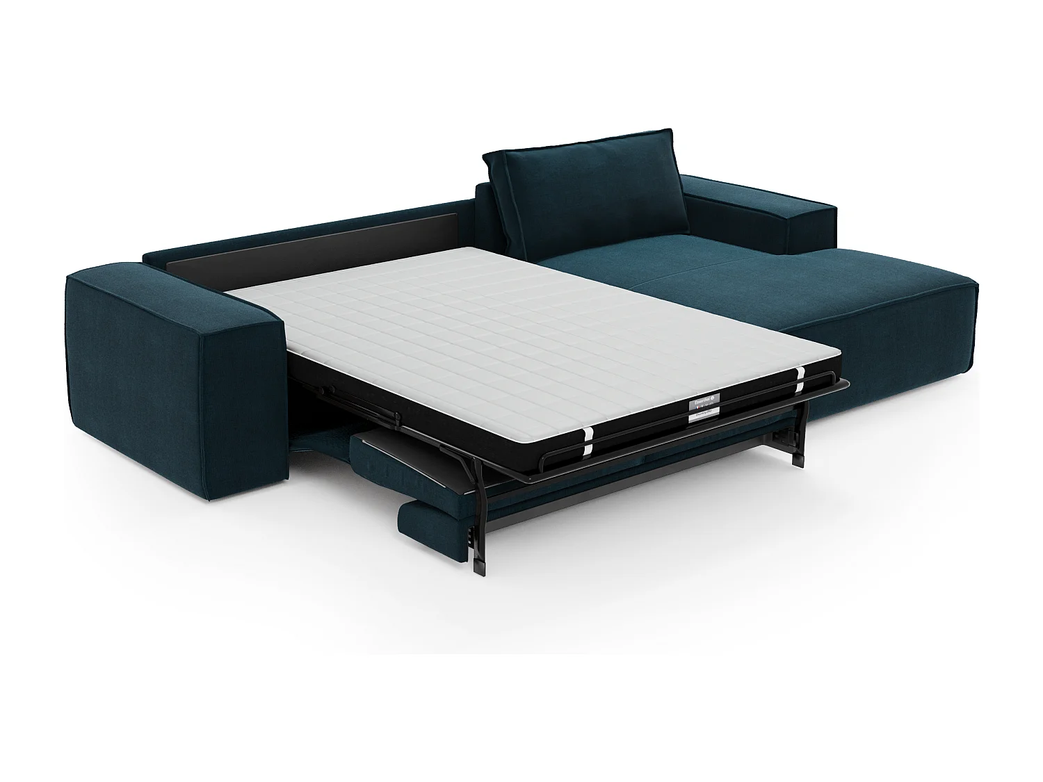 Canapé convertible angle droit dunlopillo velours bleu paon 140cm JOAN