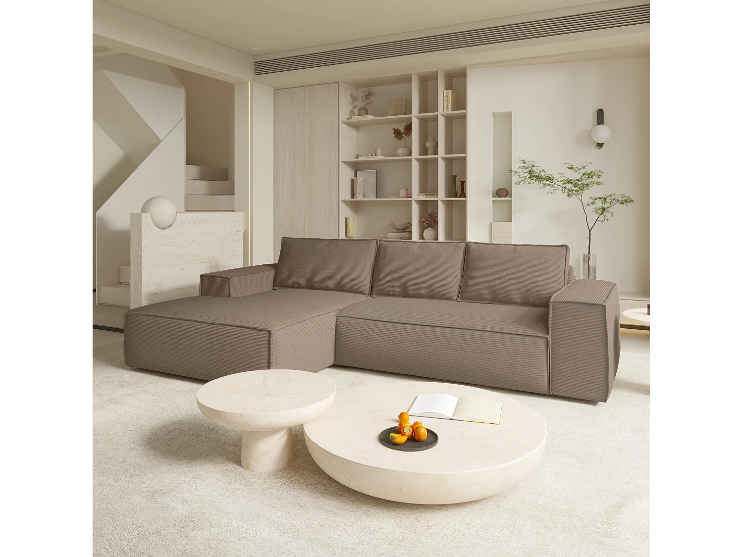 Canapé convertible angle gauche dunlopillo velours côtelé taupe 140cm JOAN