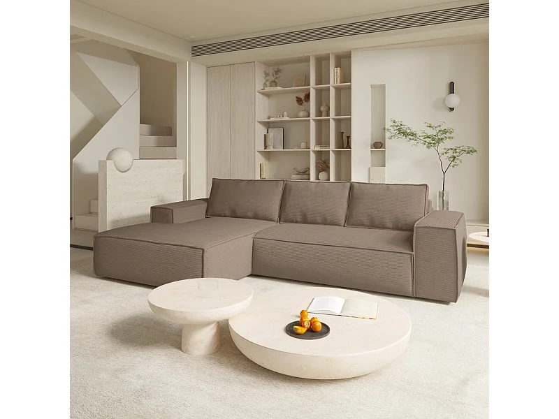 Canapé convertible angle gauche dunlopillo velours côtelé taupe 140cm JOAN