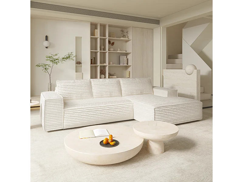 Canapé convertible angle droit velours côtelé XXL crème 140cm JOAN