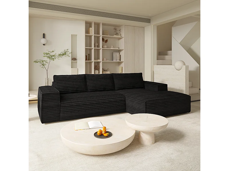 Canapé convertible angle droit velours côtelé XXL noir 140cm JOAN