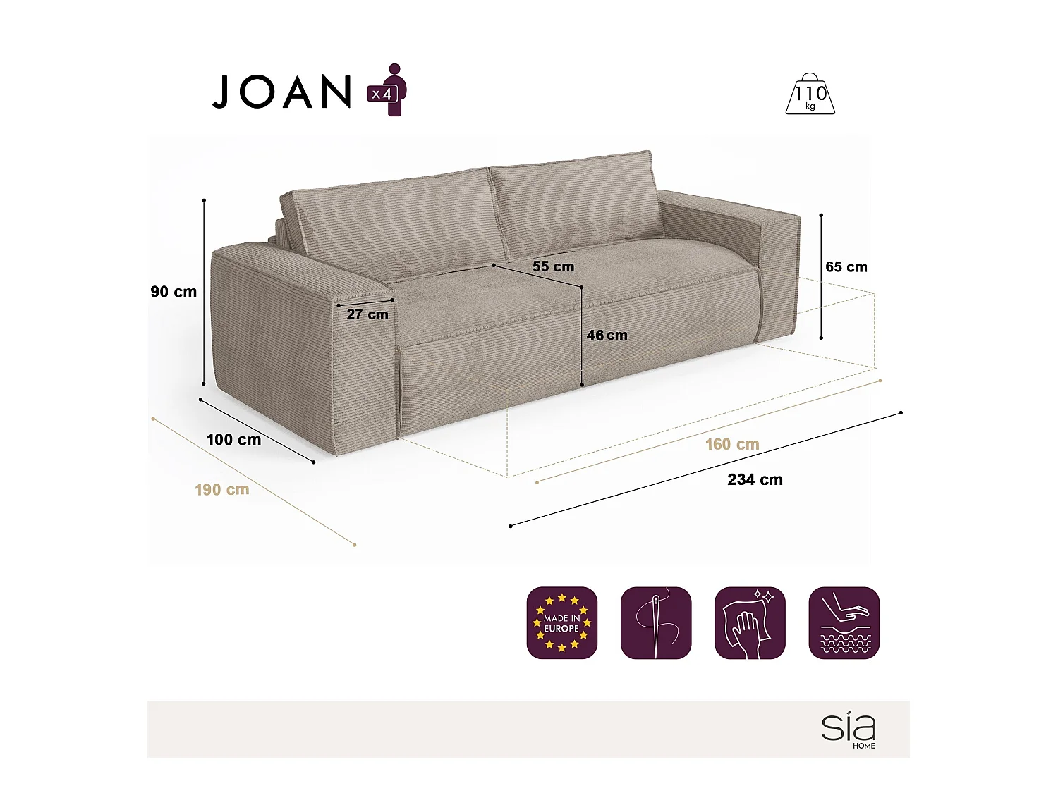 Canapé convertible express dunlopillo velours côtelé XXL noir 160cm