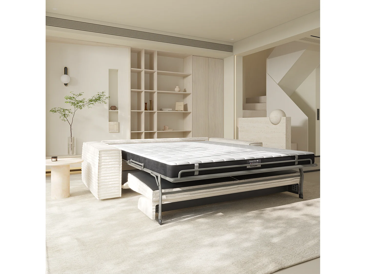 Canapé convertible express dunlopillo velours côtelé XXL crème 140cm