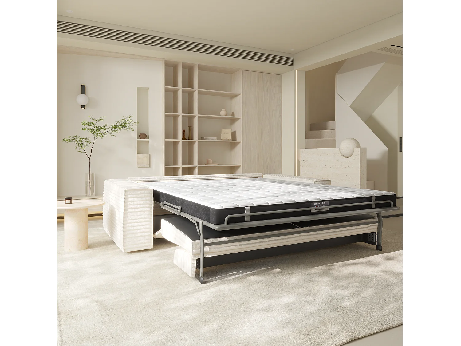 Canapé convertible express dunlopillo velours côtelé XXL crème 140cm