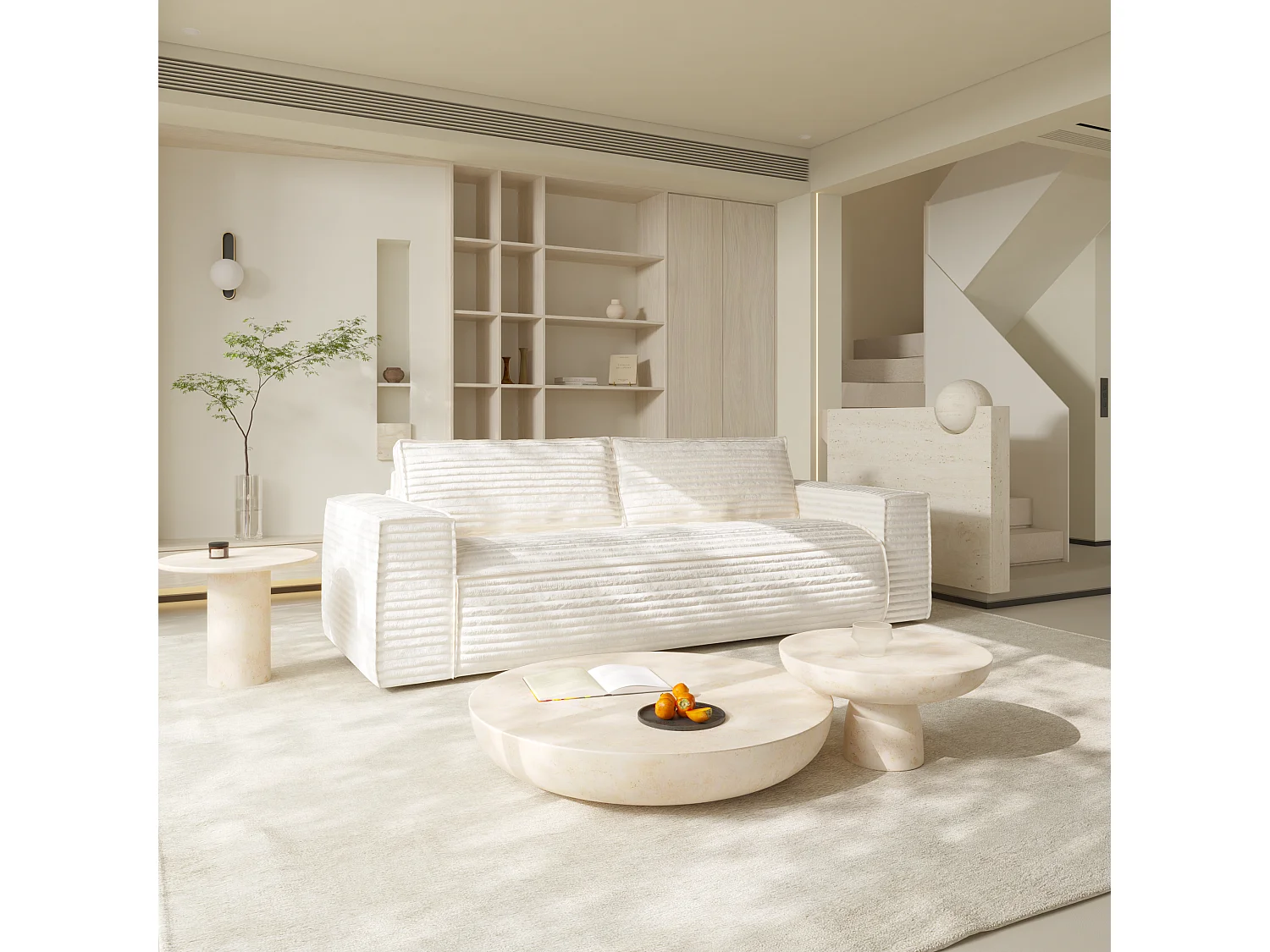 Canapé convertible express matelas Dunlopillo 140cm 3 places JOAN en velours côtelé crème