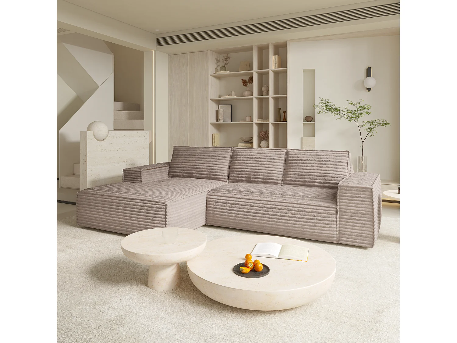 Canapé convertible angle gauche velours côtelé XXL taupe 140cm JOAN