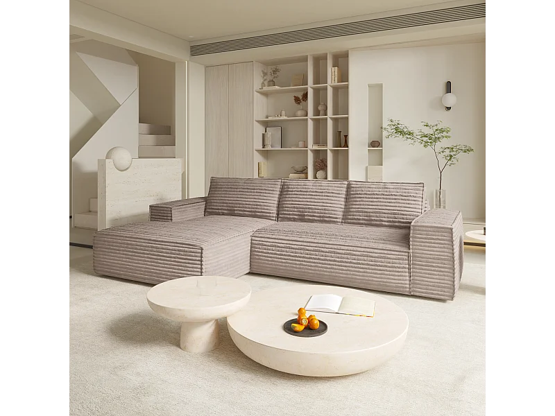 Canapé convertible angle gauche velours côtelé XXL taupe 140cm JOAN