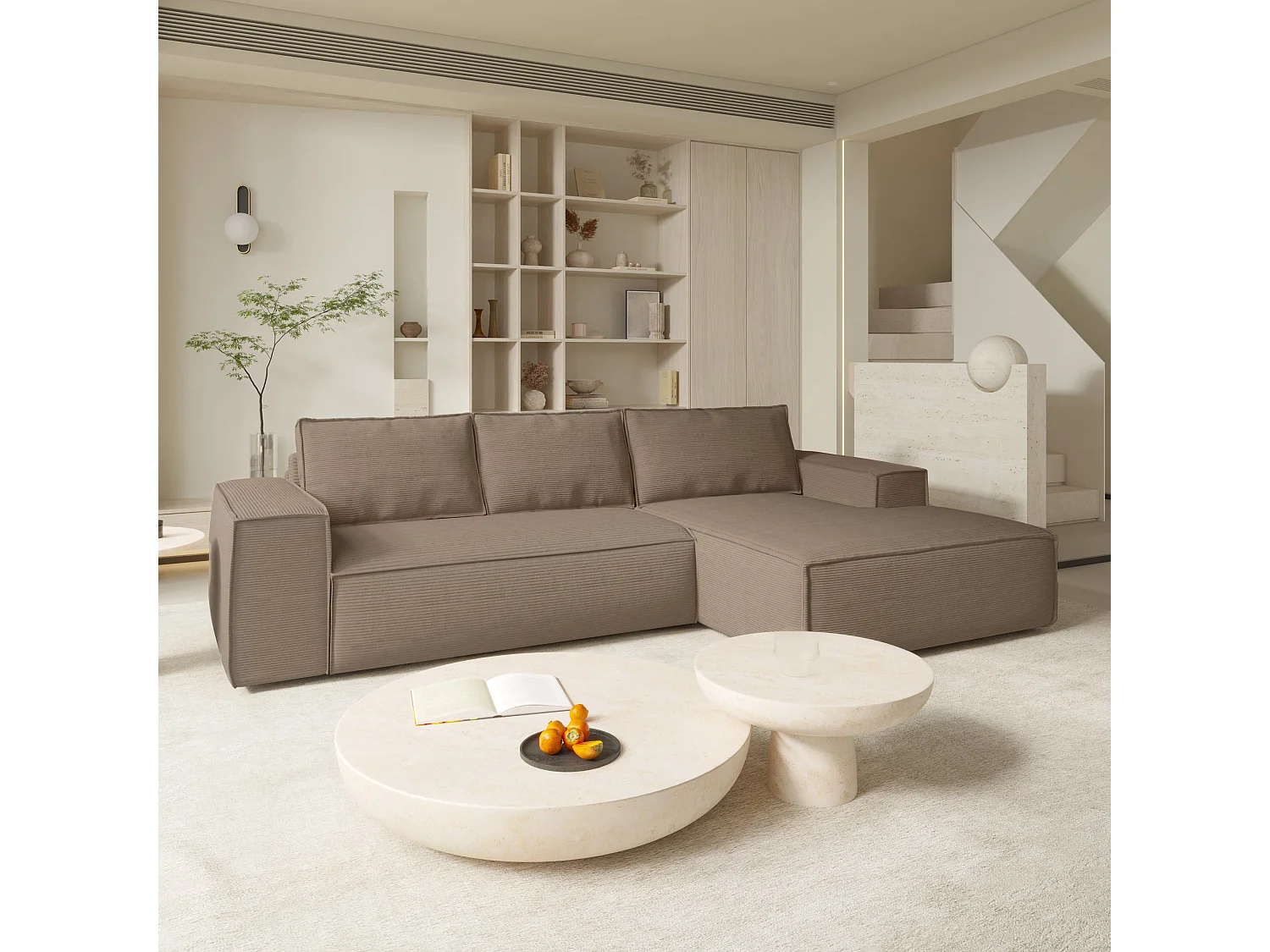 Canapé convertible angle droit dunlopillo velours côtelé taupe 140cm JOAN