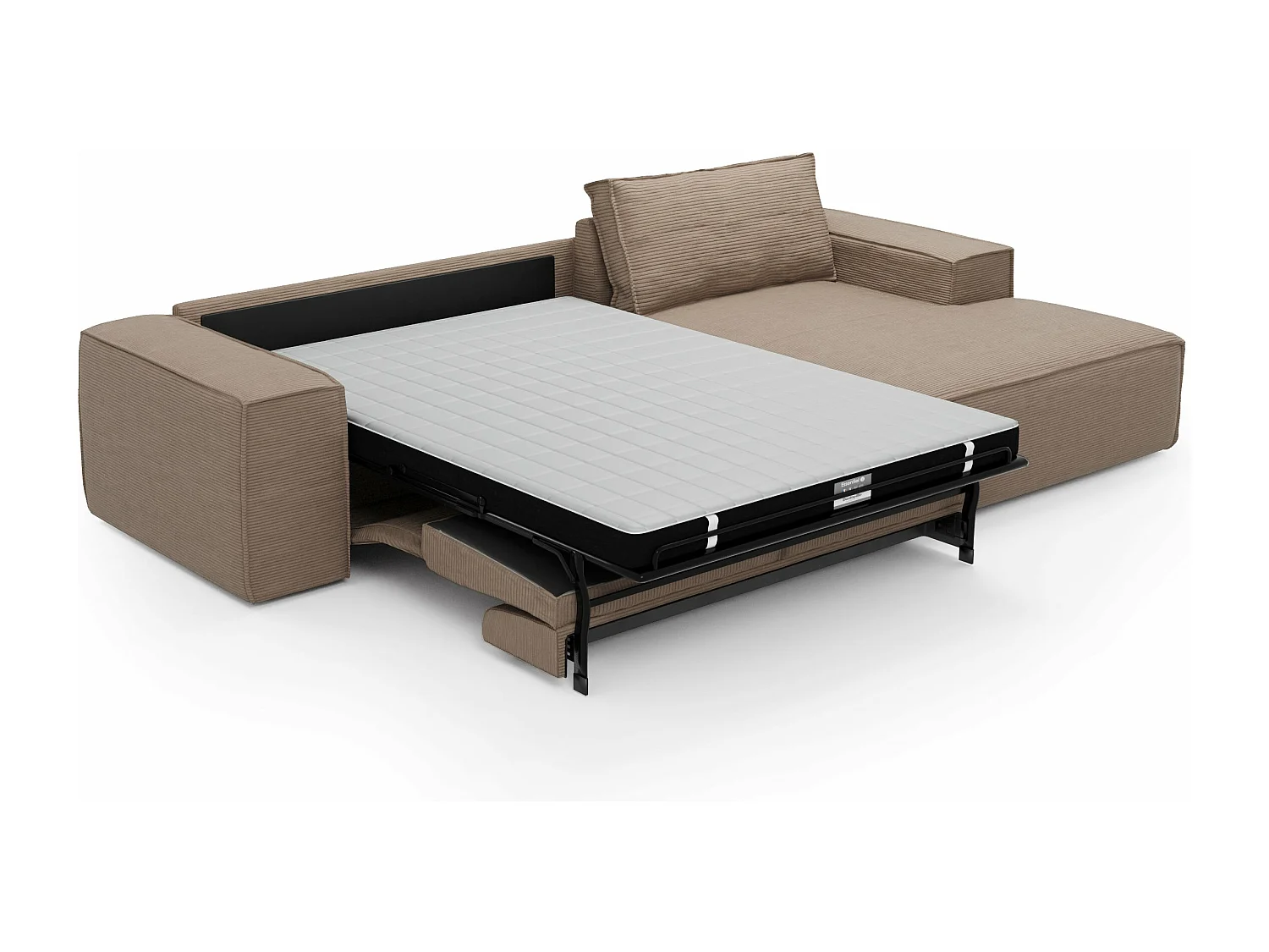 Canapé convertible angle droit dunlopillo velours côtelé taupe 140cm JOAN