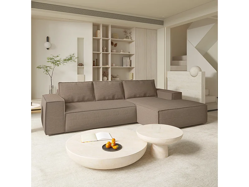 Canapé convertible angle droit dunlopillo velours côtelé taupe 140cm JOAN