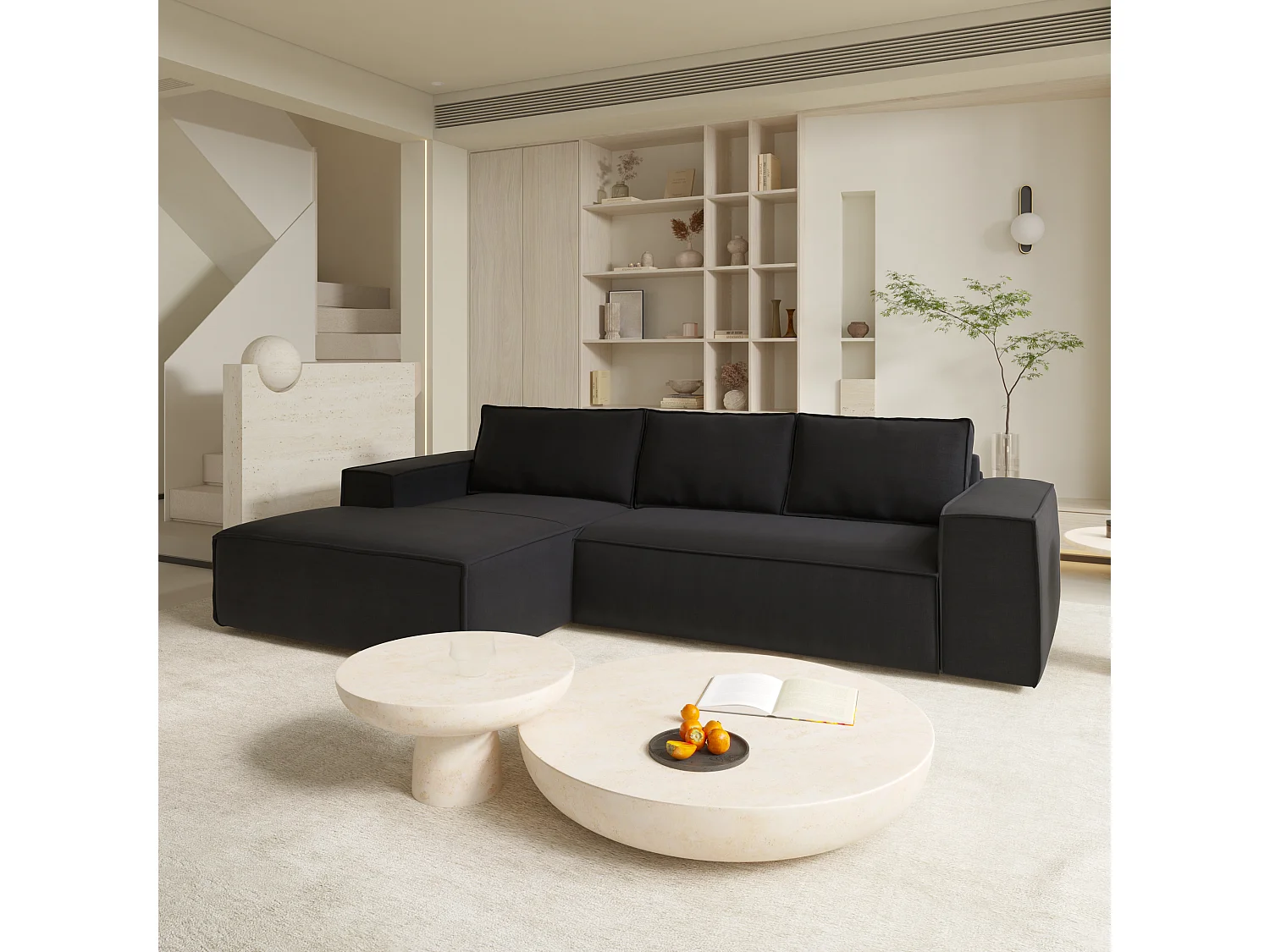 Canapé convertible angle gauche dunlopillo velours noir 140cm JOAN