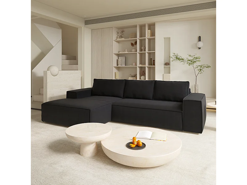 Canapé convertible angle gauche dunlopillo velours noir 140cm JOAN