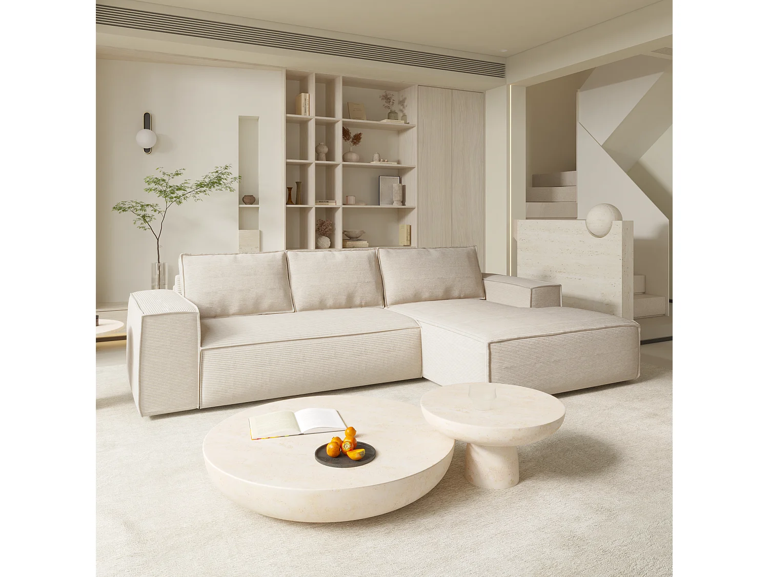 Canapé convertible angle droit dunlopillo velours côtelé crème 140cm JOAN