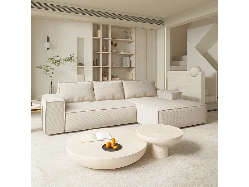 Canapé convertible angle droit dunlopillo velours côtelé crème 140cm JOAN