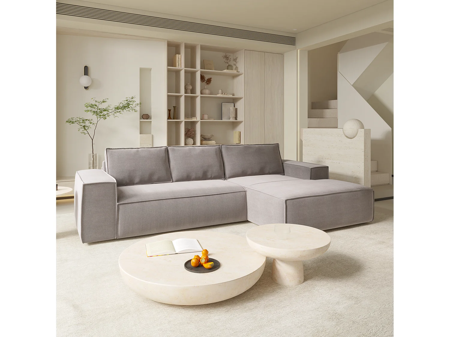 Canapé convertible angle droit 5 places JOAN en velours taupe