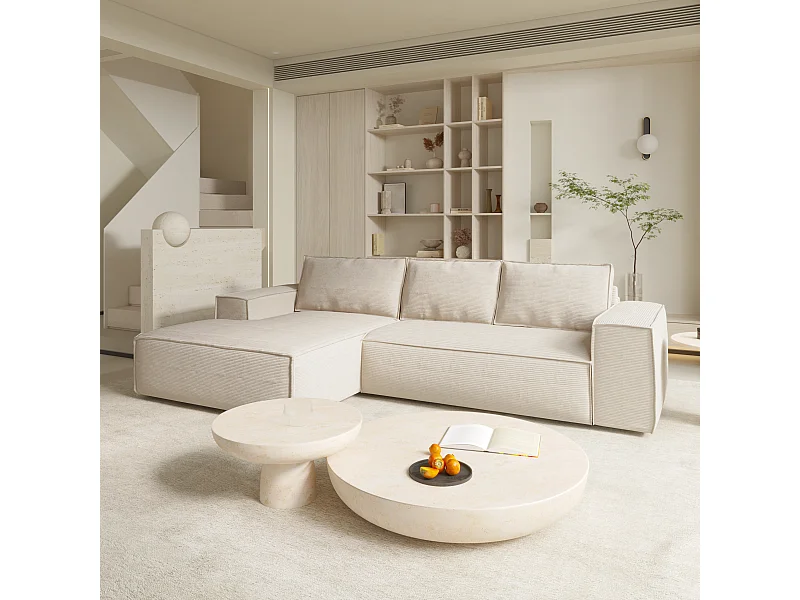 Canapé convertible angle gauche dunlopillo velours côtelé crème 140cm JOAN