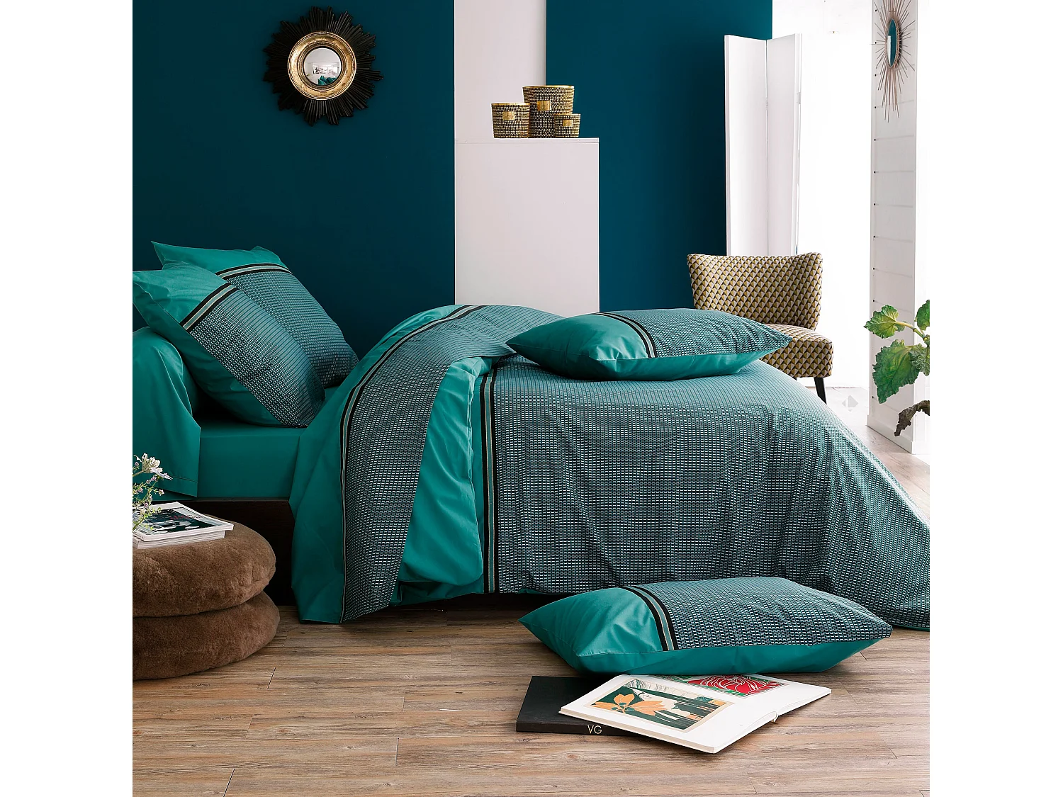 Parure de lit 200x200 cm 50x70 percale GUSTAV vert Emeraude 3 pièces