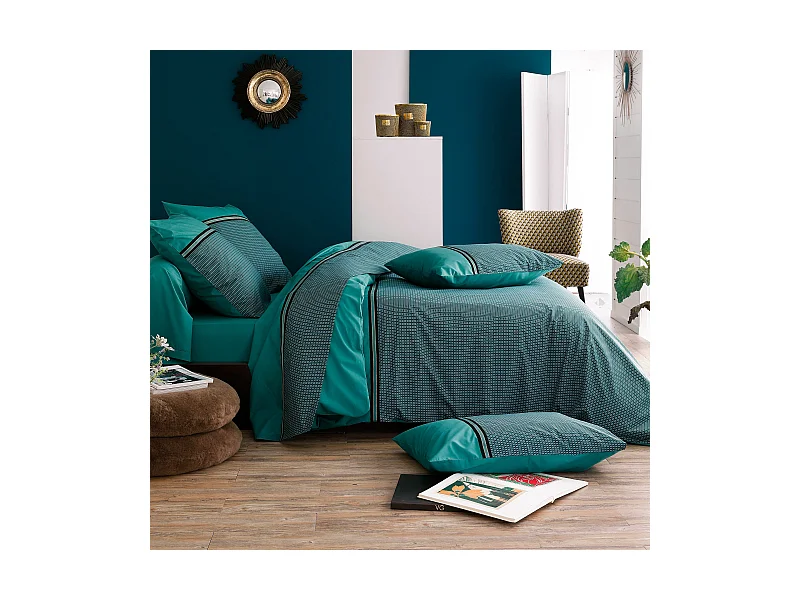 Parure de lit 140x200 cm 50x70 percale GUSTAV vert Emeraude 2 pièces
