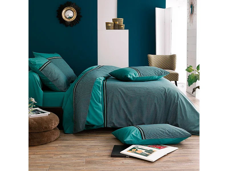 Parure de lit 140x200 cm 50x70 percale GUSTAV vert Emeraude 2 pièces