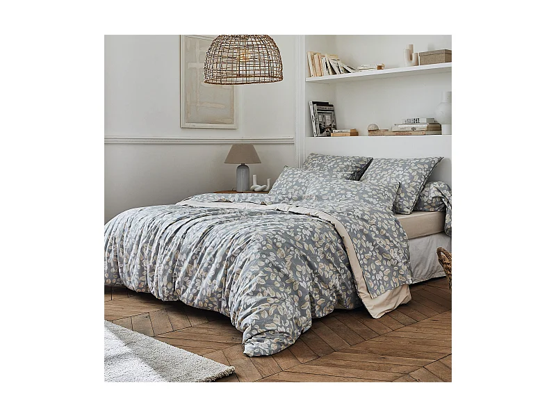 Parure de lit 140x200 cm 50x70 cm percale de coton LISON Gris 2 pièces