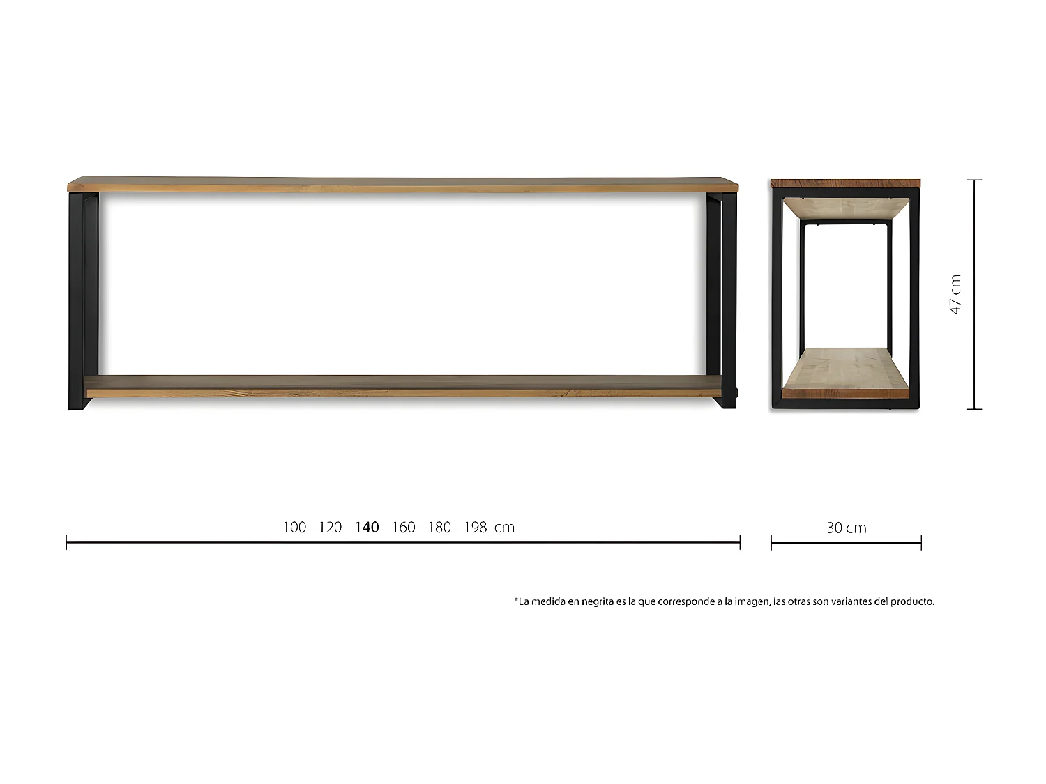 Estantería colgante iCub Big Wood 2 Estantes 2 Marcos 100x30x47cm Negro en madera maciza de pino acabado vintage estilo industrial Box Furniture