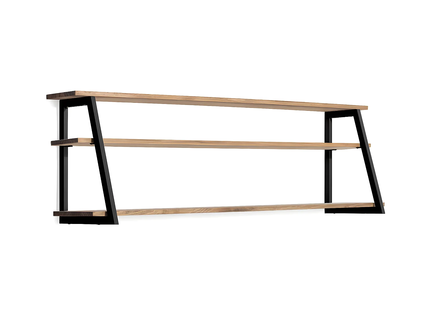 Mensola da parete poligonale ascendente  con tre ripiani in legno massiccio de pino spessore 18mm. Legno invechiatto in stile industriale. 160X35x47cm. Metallo Nero