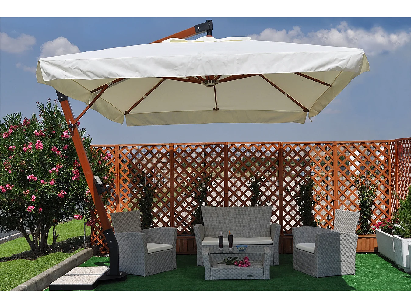 Ombrellone a braccio decentrato 3×4 Bahamas da giardino palo in legno