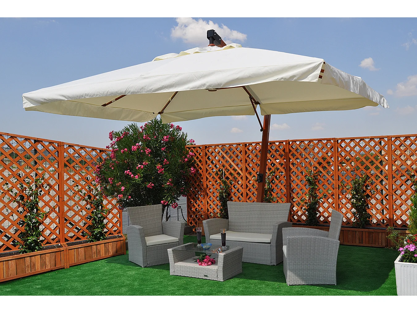 Ombrellone a braccio decentrato 3×4 Bahamas da giardino palo in legno