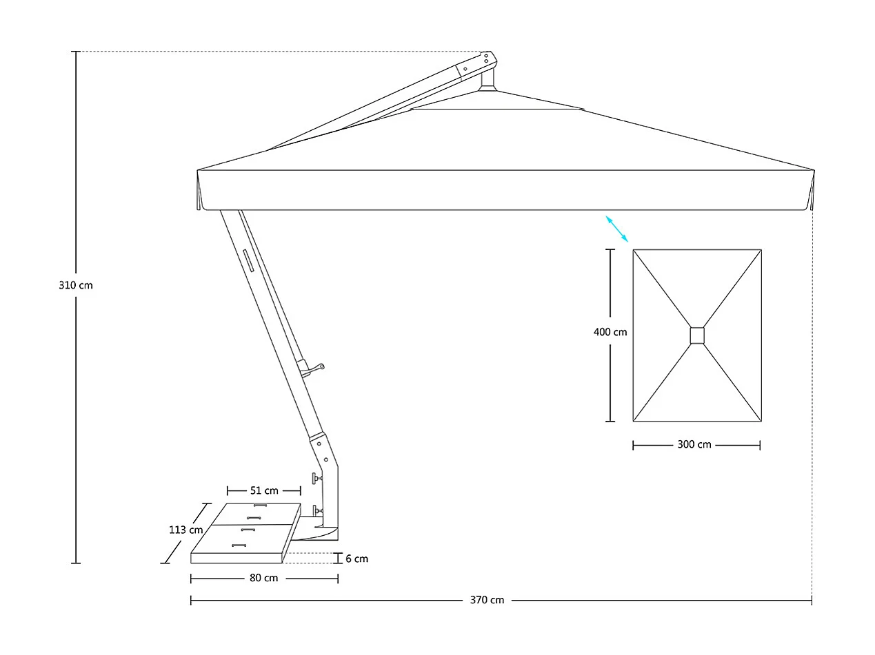 Ombrellone a braccio decentrato 3×4 Bahamas da giardino palo in legno