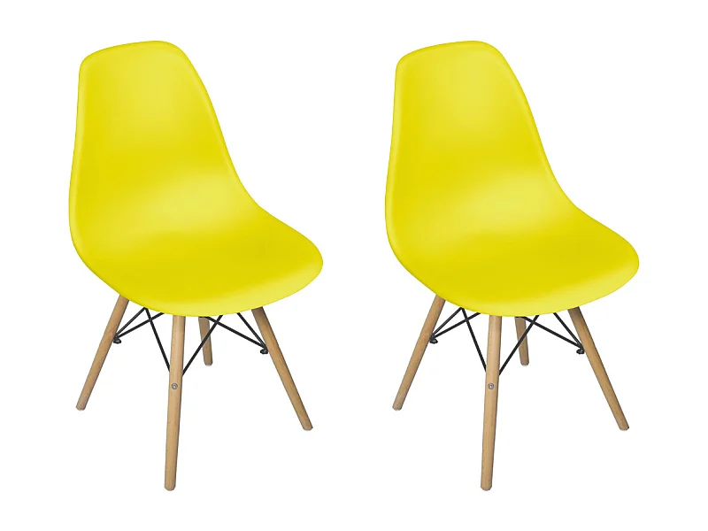 Sedia in plastica gialla con gamba, piede in legno (2 pz)