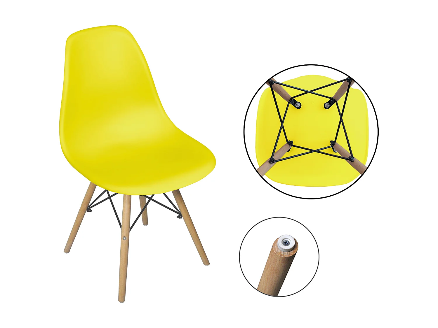 Sedia in plastica gialla con gamba, piede in legno (2 pz)