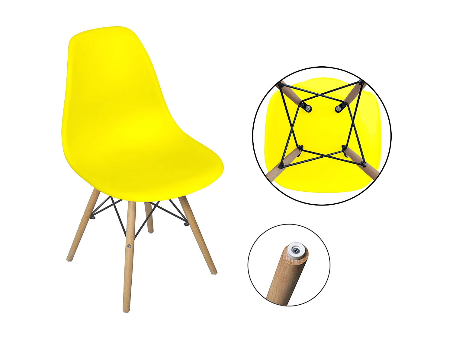 Sedia in plastica gialla con gamba, piede in legno (2 pz)