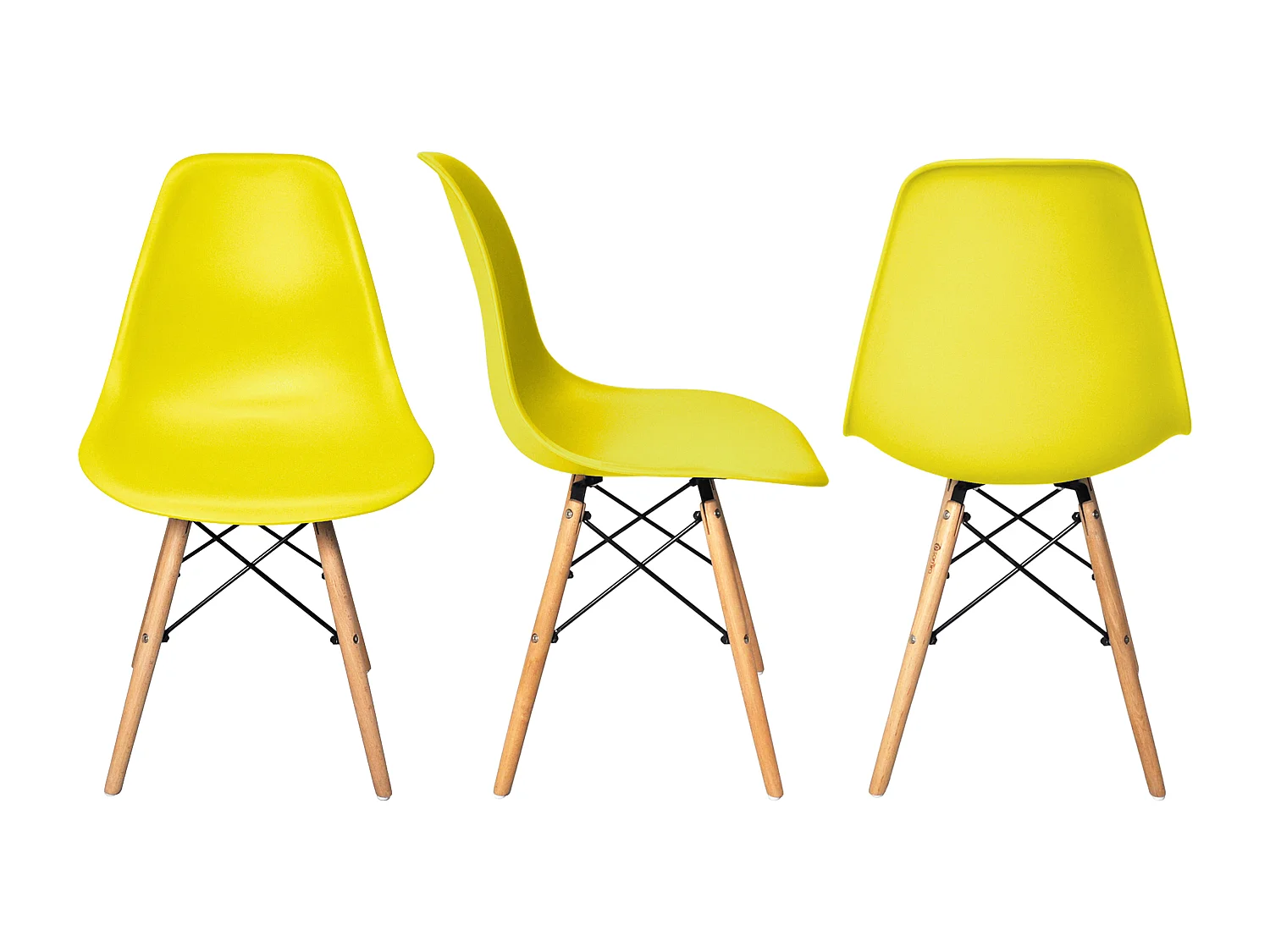 Sedia in plastica gialla con gamba, piede in legno (2 pz)