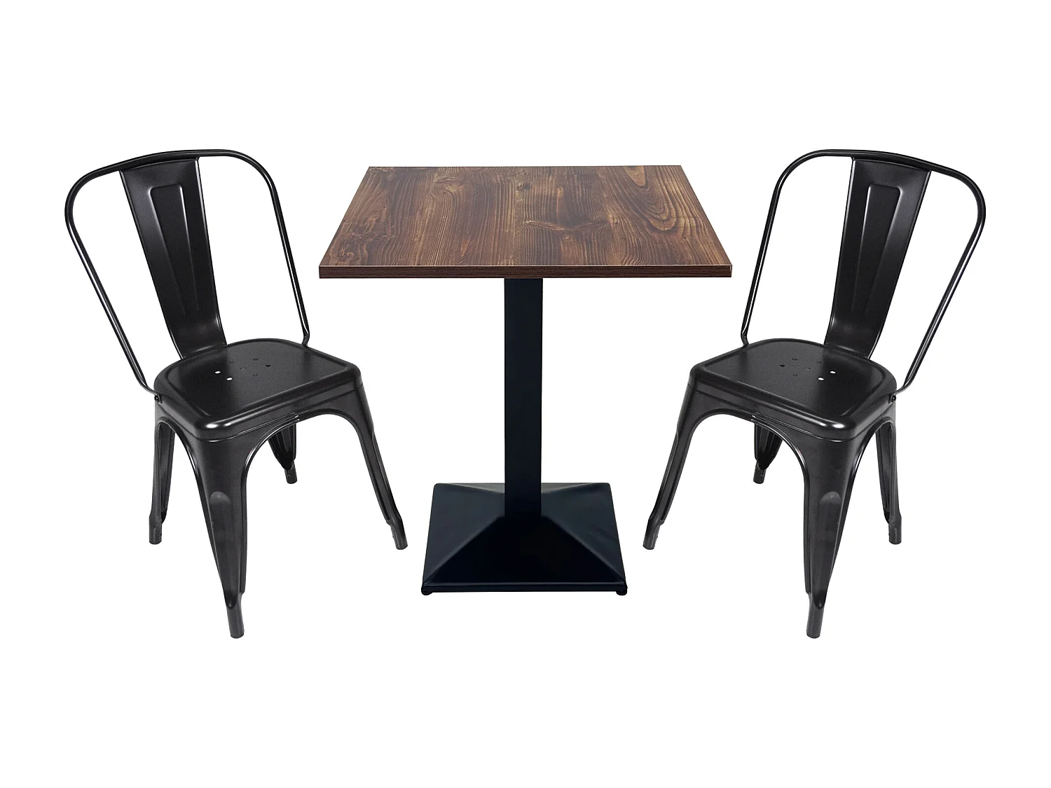 Tavolo quadrato 70×70 stile industriale con top in legno scuro, mod. Clint