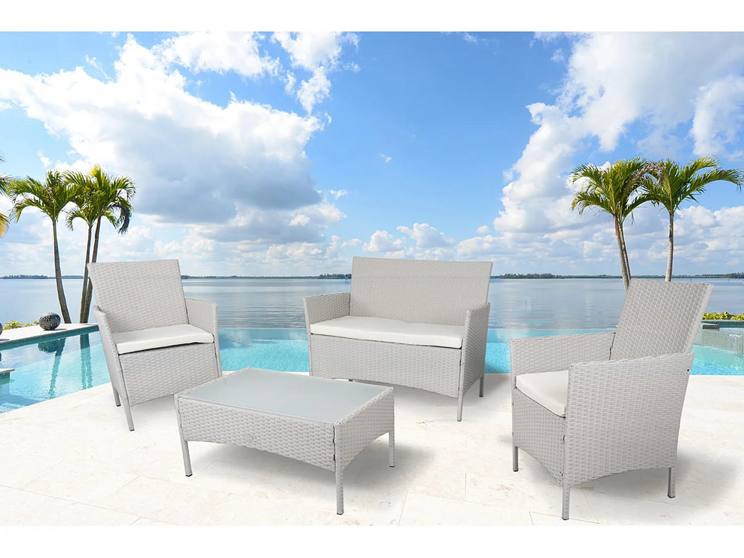 Salotto da giardino in rattan, set di divani da esterno in polyrattan tortora