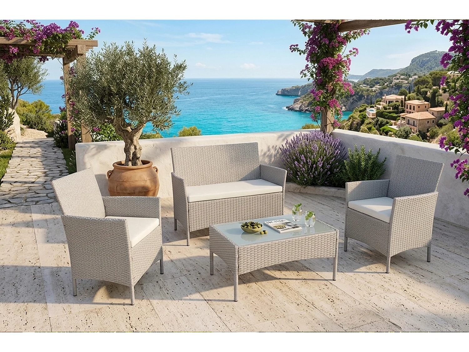 Salotto da giardino in rattan, set di divani da esterno in polyrattan tortora
