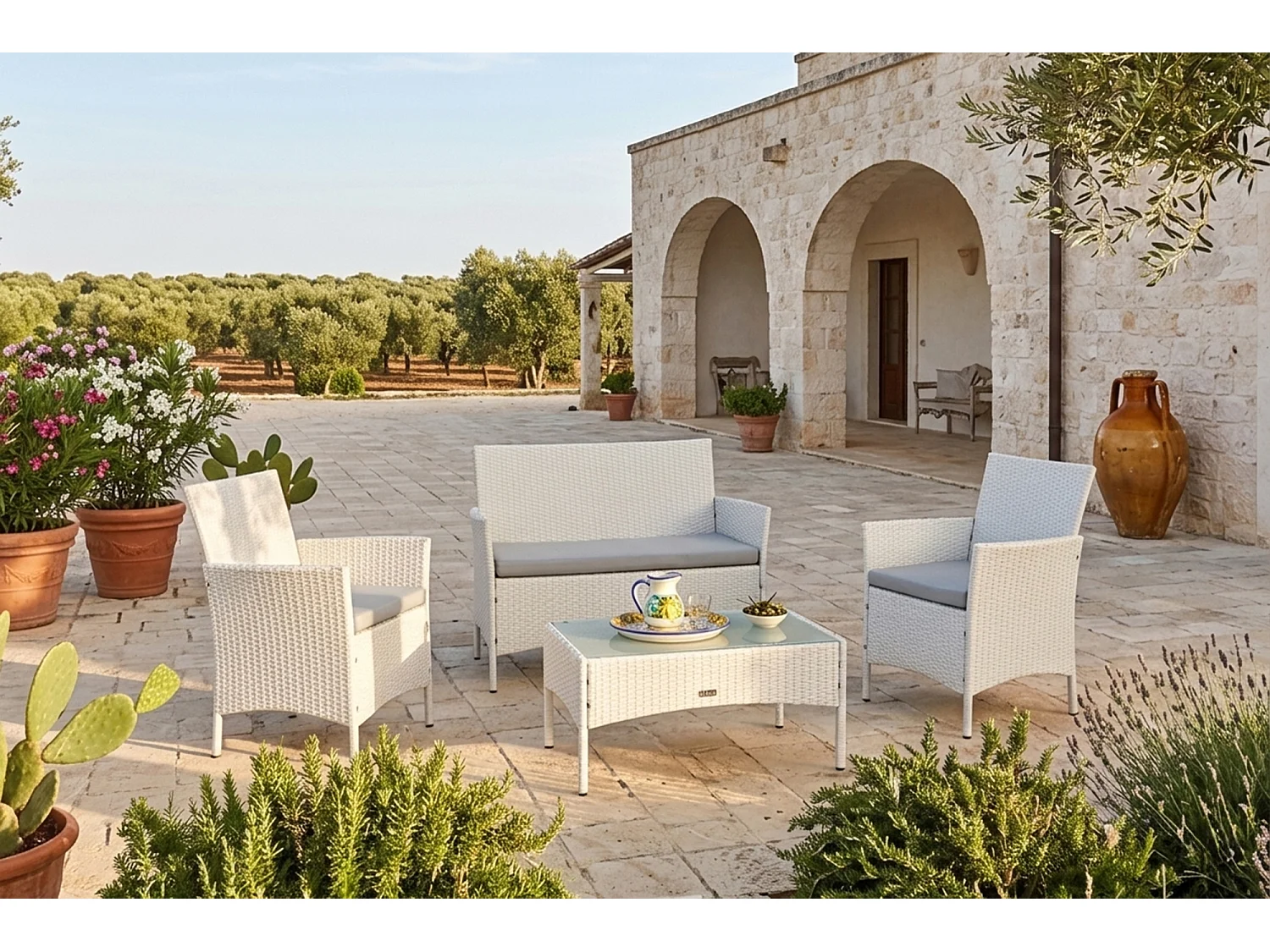 Salotto da giardino in rattan, set di divani da esterno in polyrattan bianco