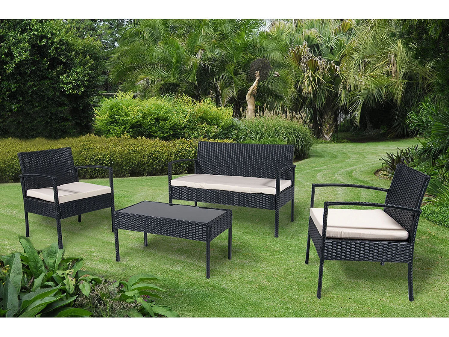 Salotto da giardino in rattan, set in polyrattan da esterno nero