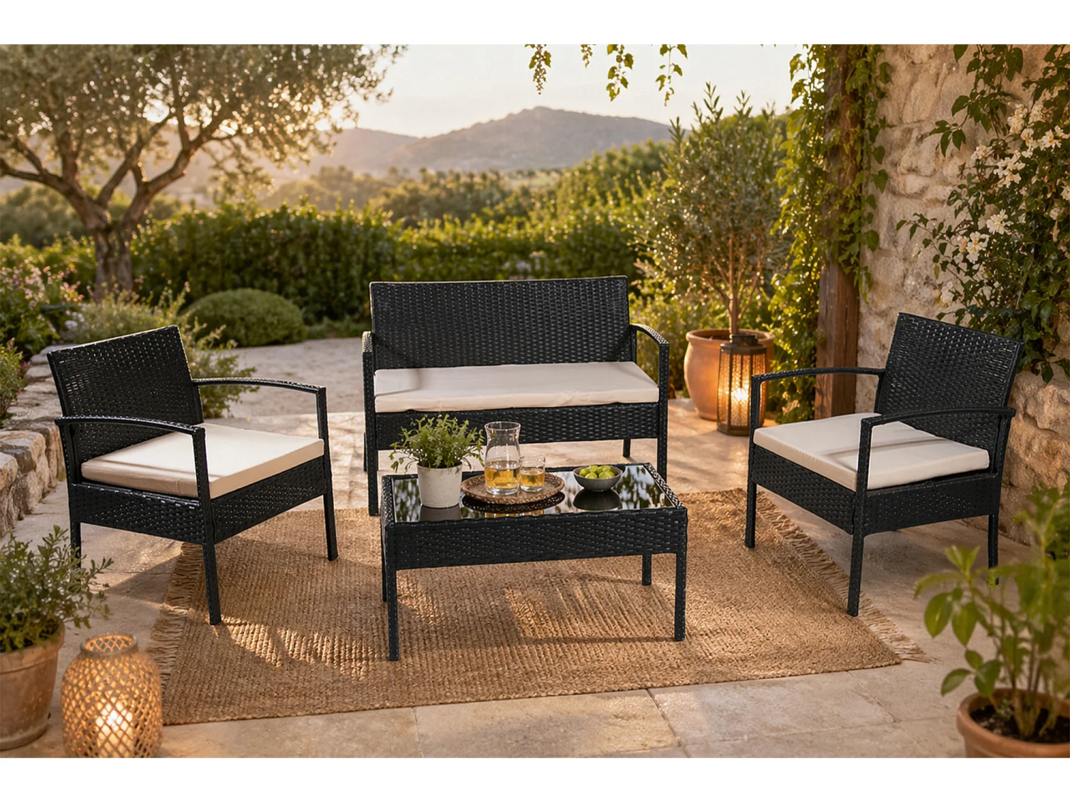 Salotto da giardino in rattan, set in polyrattan da esterno nero