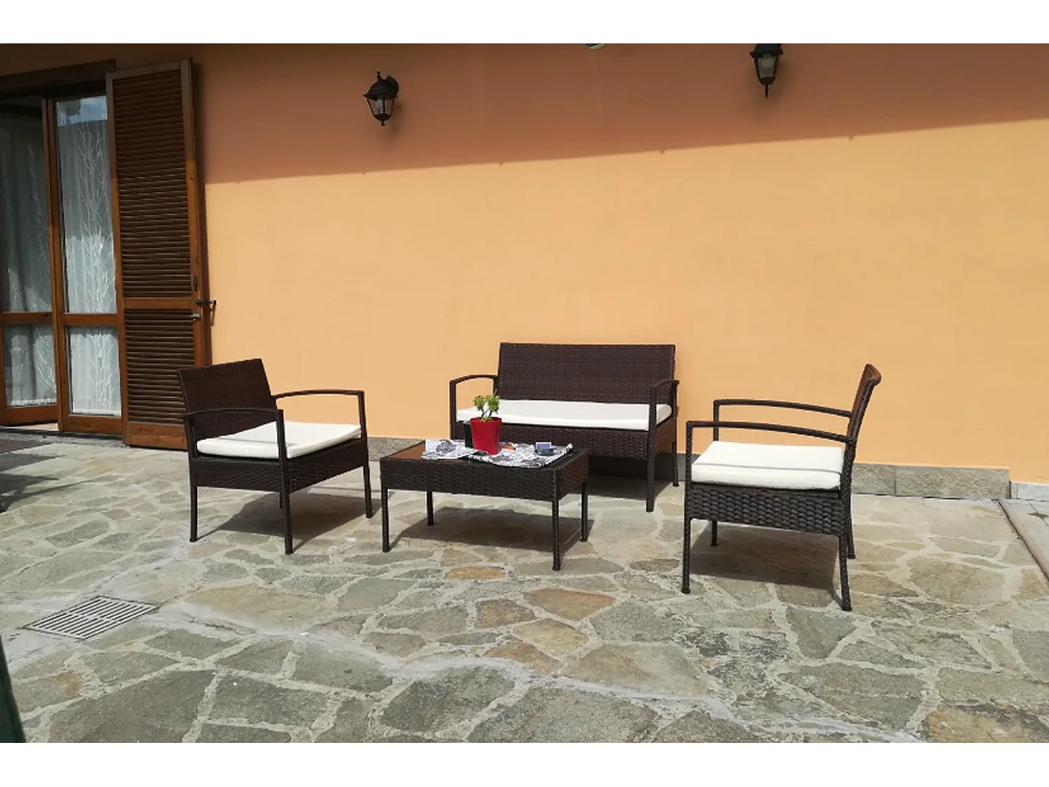 Salotto da giardino in rattan, set in polyrattan da esterno marrone